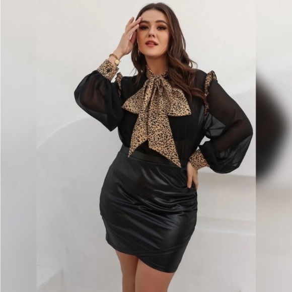 PLUS LEOPARD TIE NECK LONG-SLEEVE BLOUSE - Picture 2 of 12